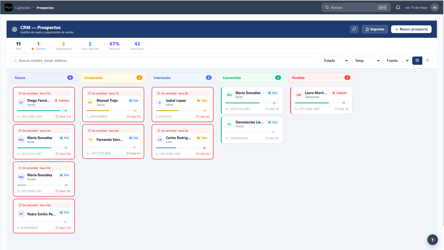 CRM Captación de Alumnos - Pipeline visual de prospectos